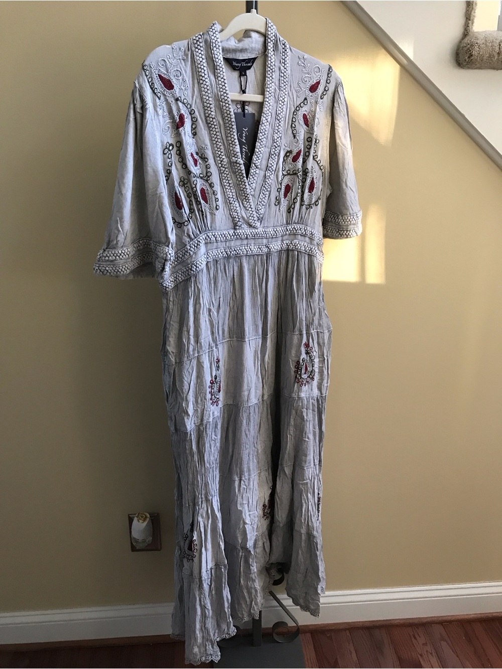 YOUNG THREADS NWT Dress Grey Black Embroidery Maxi Gauze Size Medium